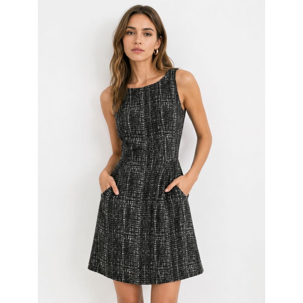 J. Crew Grey White Sleeveless Midi Dress Pocket Capsule Wardrobe Career Casual 6